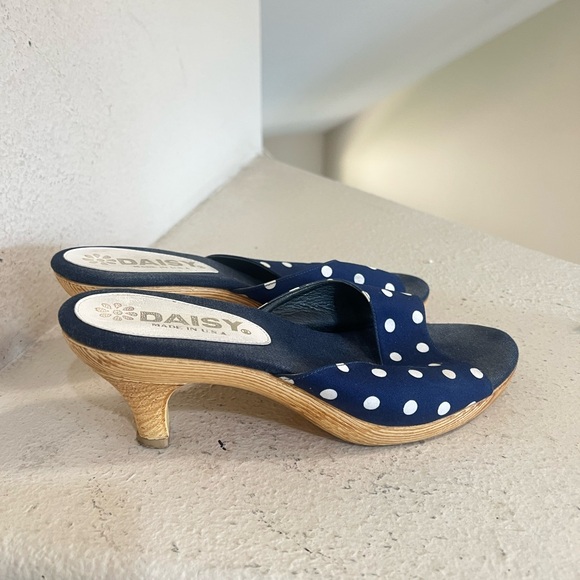 Vintage Y2K Daisy Kitten Heels Sandals Slides Blue White Polka Dot Size 8 - Picture 1 of 10